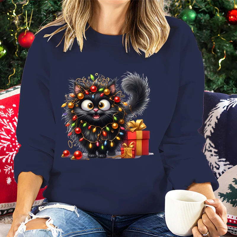 Regalo de amante de los gatos para Navidad, sudaderas para mujer, lindas y esponjosas luces de gatos, sudaderas con capucha de vacaciones, sudaderas navideñas para amantes de los animales