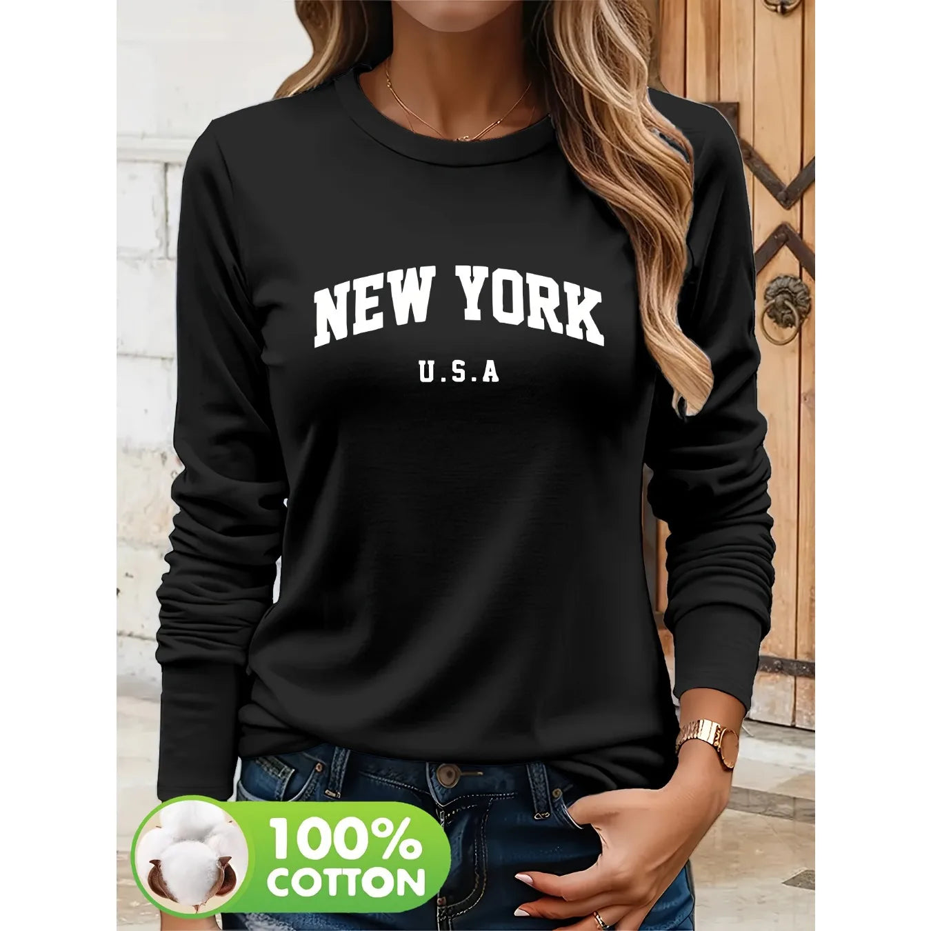 Camiseta de manga larga extragrande de Nueva York 100% algodón para mujer con estampado gráfico Top informal Ajuste cómodo para todas las estaciones para uso informal