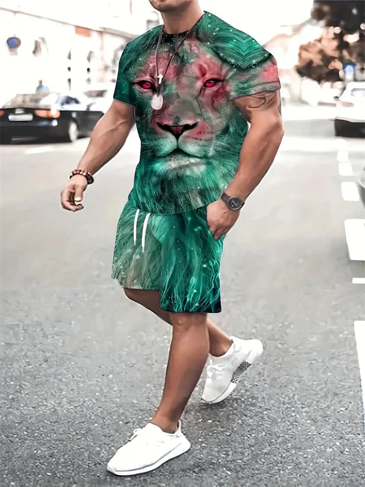 Conjunto Streetwear 3D León Hombre | Camiseta + Pantalón Corto Bicolor
