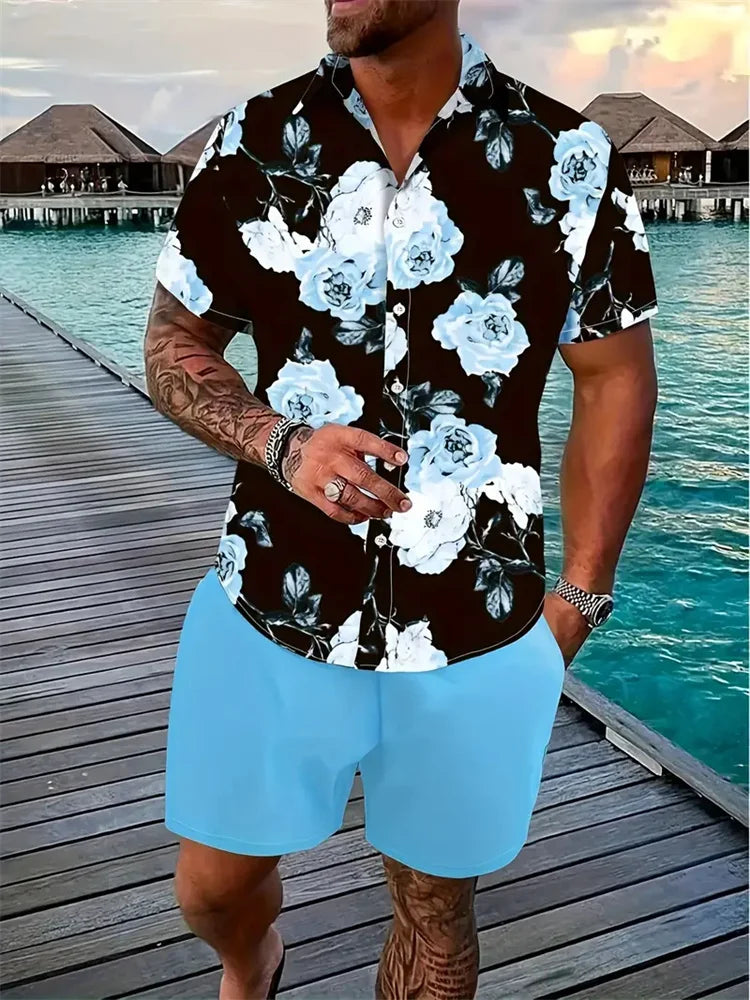 Conjunto de camisa hawaiana para hombre, conjunto de camisa de manga corta estampada en 3D para hombre, conjunto de camisa de dos piezas de solapa de playa de verano, conjunto de ropa informal Unisex