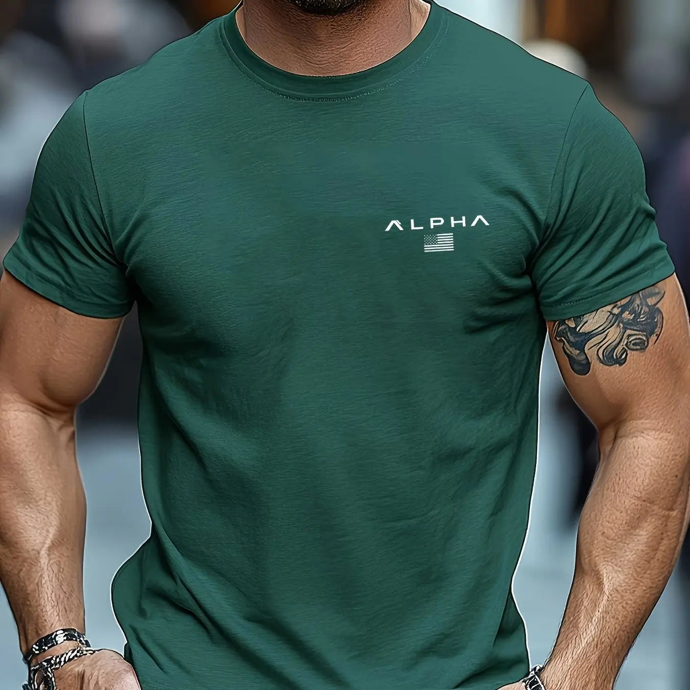 Camiseta de manga corta con cuello redondo y estampado de patrón ALPHA para hombre, 100% de algodón, informal, a la moda, deportiva, holgada, de verano