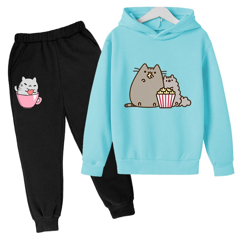 Sudadera con capucha con estampado de gato de Nutella para niños, ropa divertida para niñas y niños, conjuntos de ropa Harajuku Kawaii para niños, Invierno