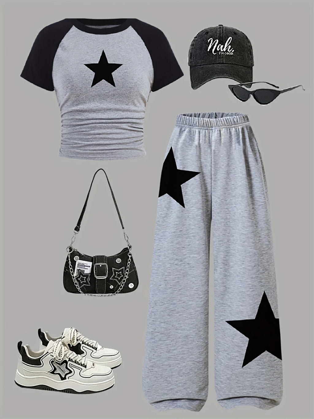 Artículos de moda para niñas, ropa para niñas, conjunto de 2 piezas para niñas, conjunto para el regreso a clases, estampado de estrellas, pantalones deportivos anchos grises, fútbol americano, voleibol, Acción de Graci