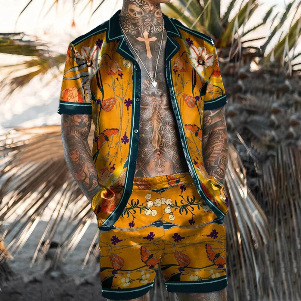 Conjunto de camisa para hombre con estampado 3D de estilo étnico, pantalones cortos de playa de manga corta con flores Retro, conjunto informal hawaiano de 2 piezas, ropa de calle de verano