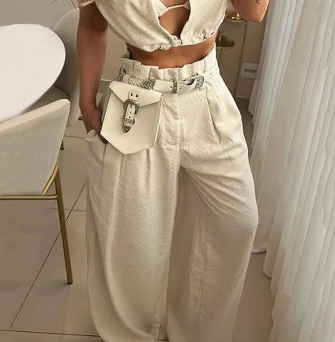 Conjunto de pantalones de 2 piezas para mujer, Top corto sin mangas con cuello en V y solapa lisa + pantalones informales de pierna ancha con bolsillo de cintura alta, ropa de calle