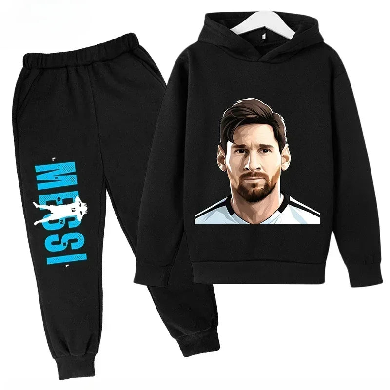 Conjunto deportivo para niños de primavera y otoño, traje con capucha y pantalones con estampado de Messi, conjunto de 2 uds., ropa para niños y niñas, chándal informal de moda
