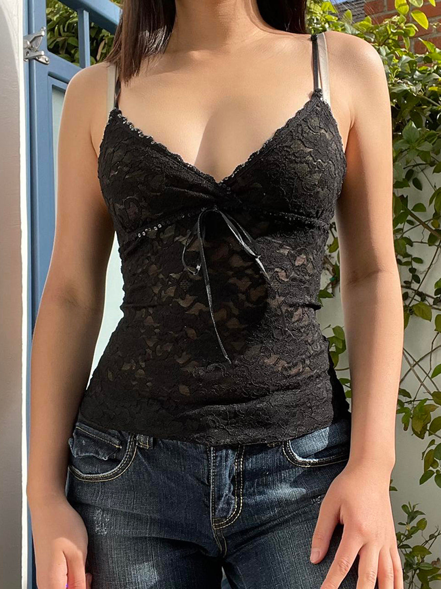Camisolas con tirantes finos para mujer, Tops sin mangas con cuello en V de encaje Floral, camisetas sin mangas con tirantes, chalecos ajustados con Espalda descubierta, ropa de calle de verano