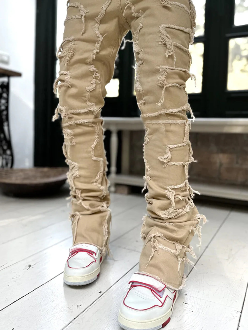 Nuevos pantalones vaqueros de moda para hombre, pantalones de trabajo, ropa de trabajo de moda europea y americana, pantalones acampanados en capas de mezclilla con retales elásticos, S-XXL