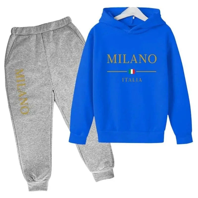 Sudadera con capucha y pantalones con estampado de letras de marca de moda, conjunto deportivo de 2 piezas para niños y niñas, ropa informal, conjunto infantil