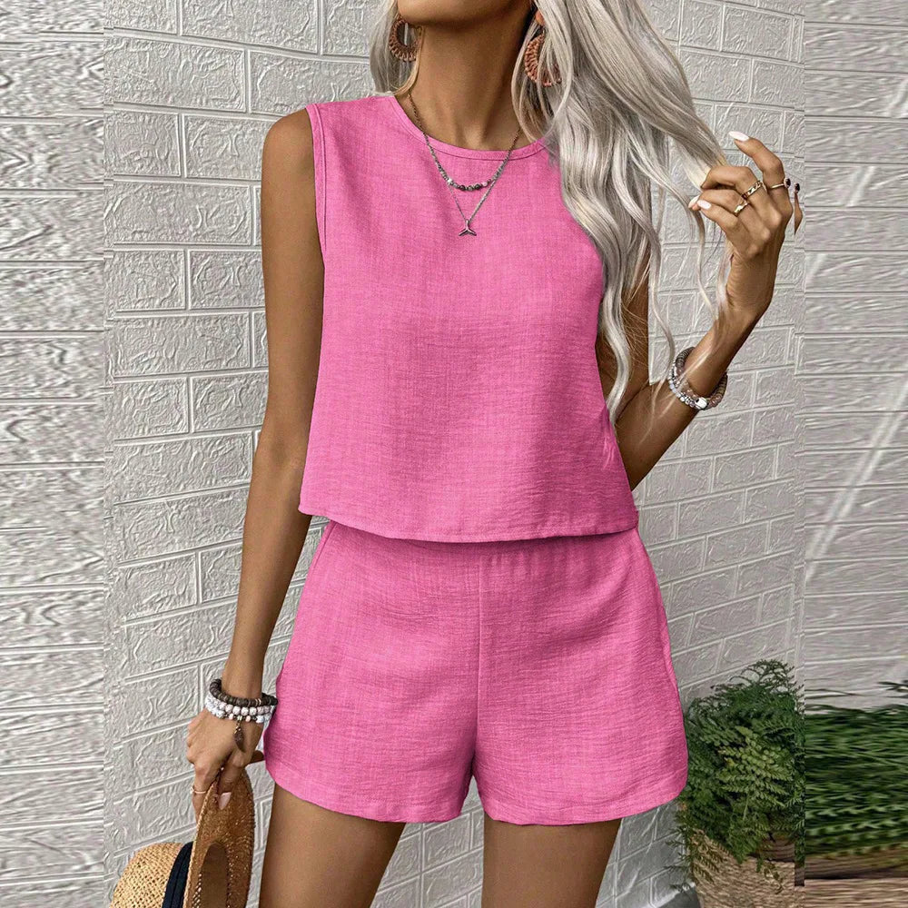 Conjunto de Top sin Mangas y Pantalones Cortos para Mujer, Estilo Europeo Americano, Verano 2026, Color Sólido, Simple y Moderno, Informal para Diario
