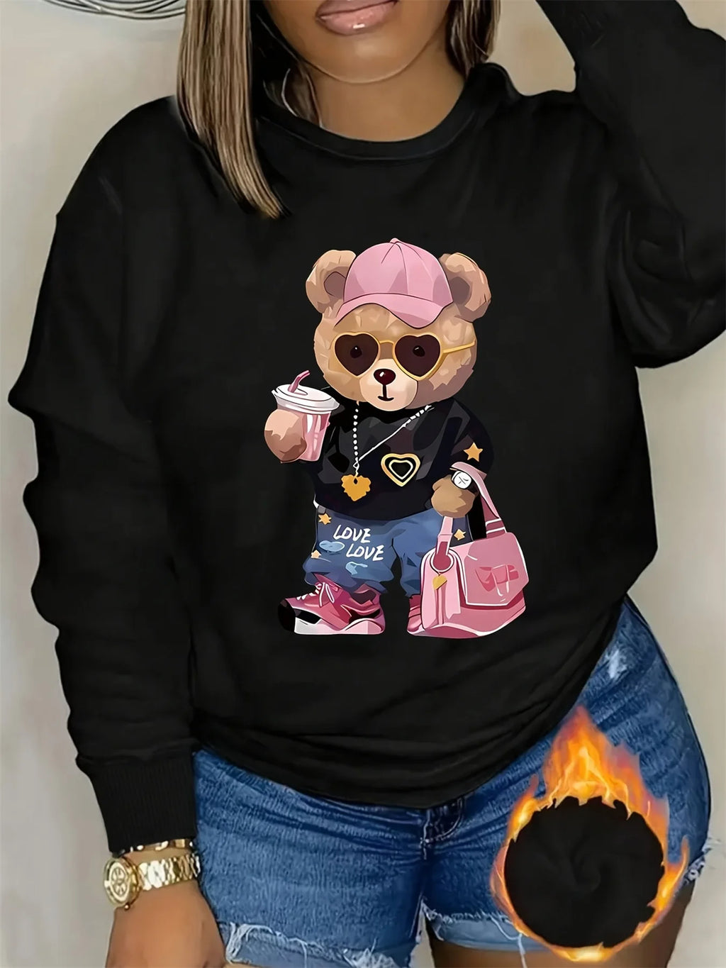 Sudadera con capucha de cuello redondo y manga larga de terciopelo para mujer, holgada, informal, cómoda, con estampado de osito de peluche, otoño e invierno