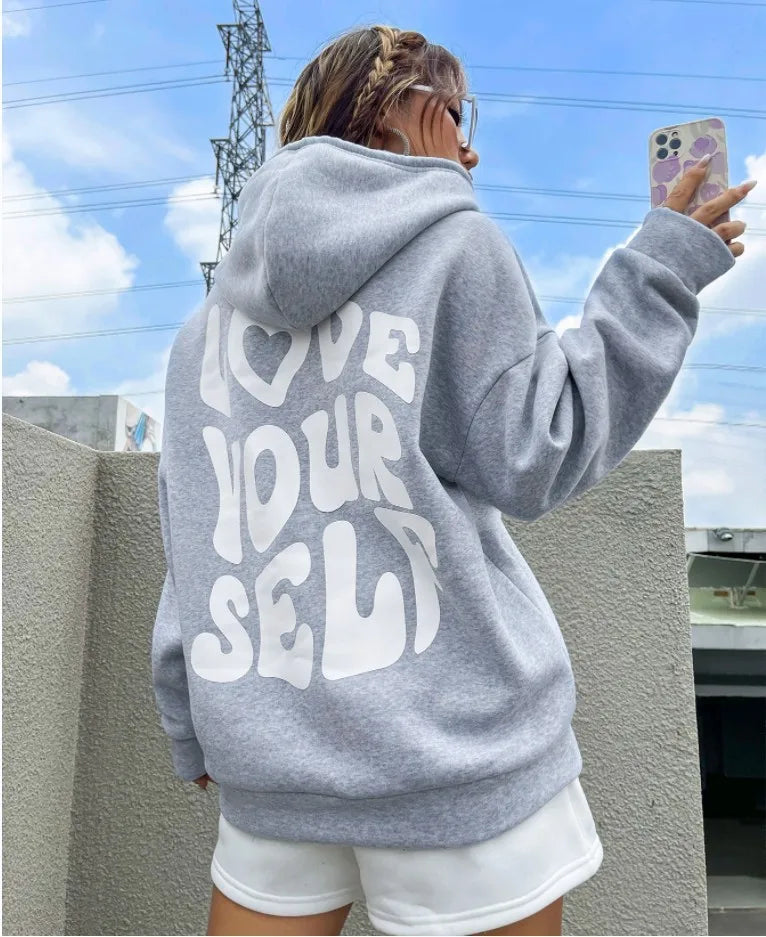 Sudadera con capucha de lana con hombros caídos para mujer con nueva letra trasera estampada