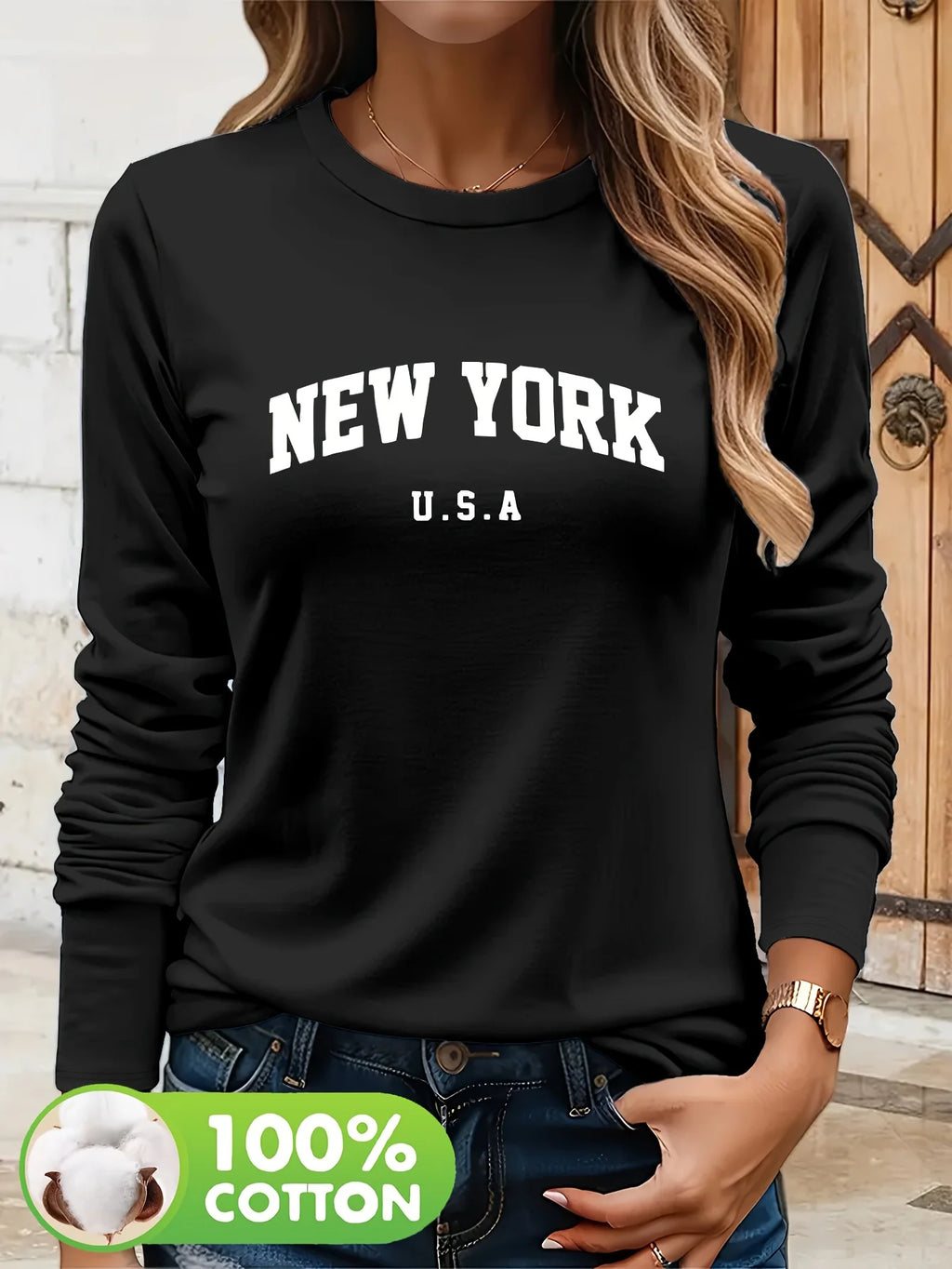 Camiseta de manga larga extragrande de Nueva York 100% algodón para mujer con estampado gráfico Top informal Ajuste cómodo para todas las estaciones para uso informal