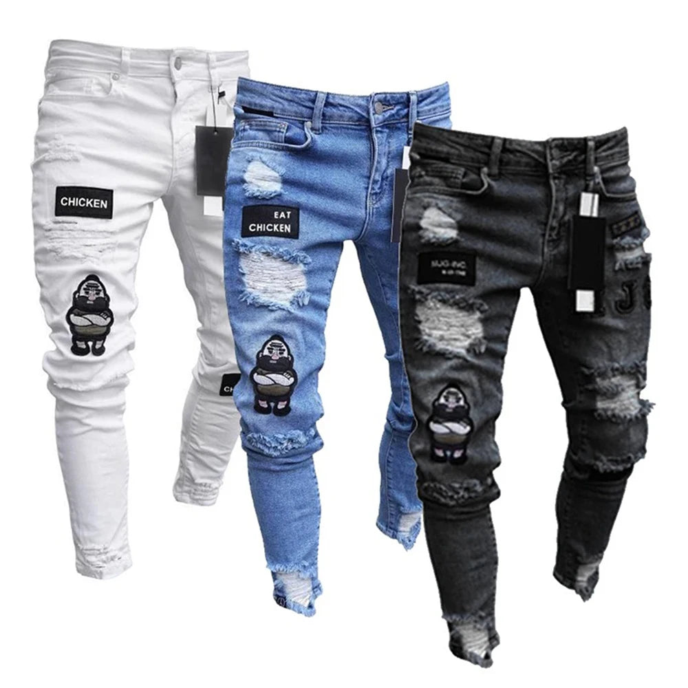 Pantalones Vaqueros Rasgados Hombre Bordado Blanco - Hip Hop