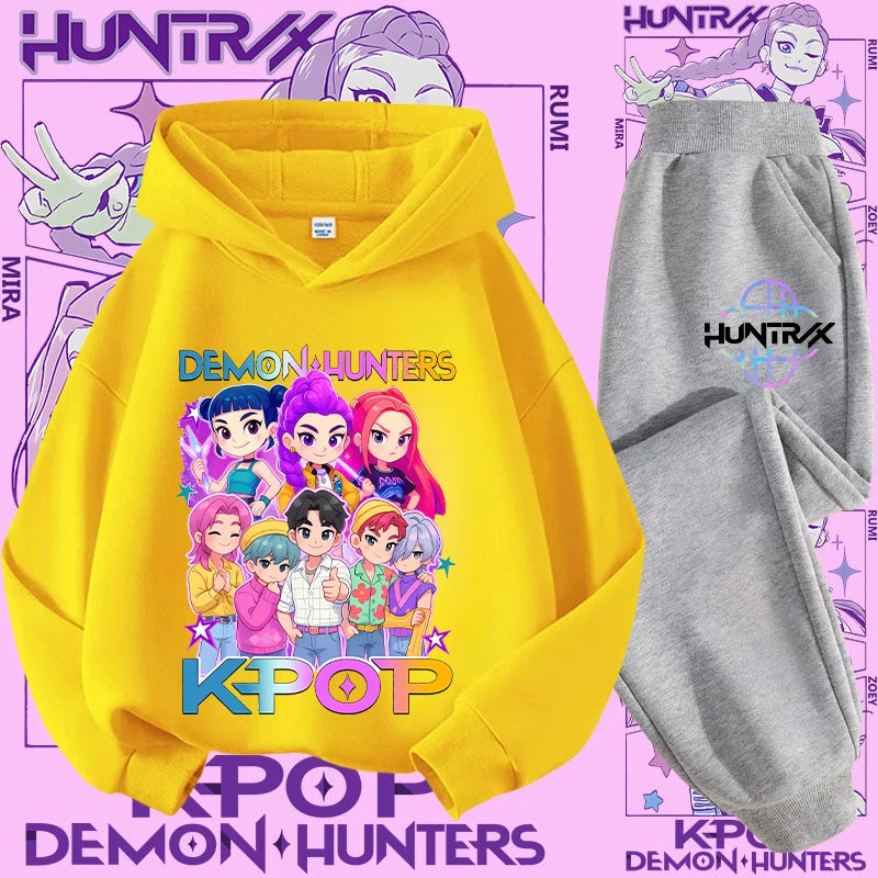 Ropa deportiva para niñas de 2 a 12 años, conjunto de 2 piezas, Top informal bonito, K-pop Demon Hunter, conjunto de camisa con capucha estampada, traje de pantalón, chándal