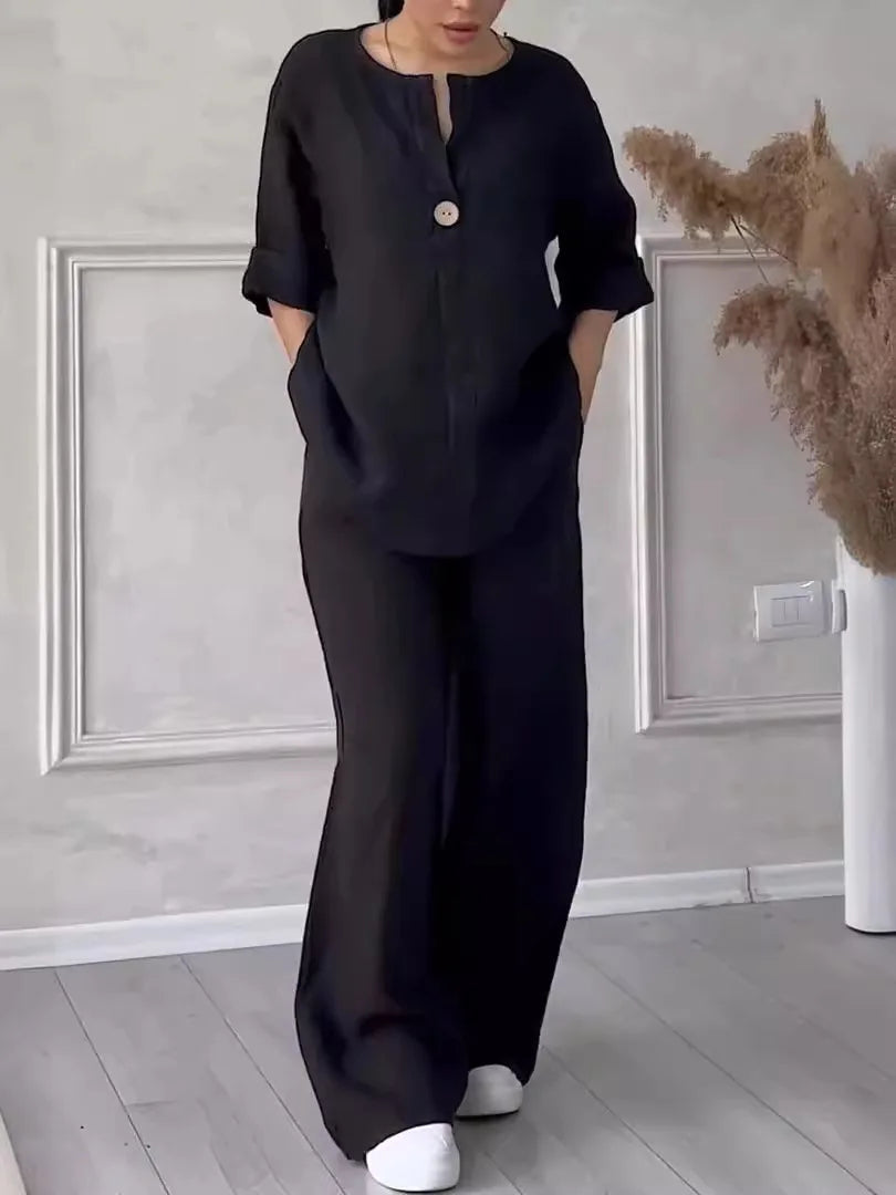 Conjuntos de lino y algodón, dos piezas, venta informal, manga larga, blusa holgada con botones, camisa y pantalones sueltos de pierna ancha de alta elasticidad, trajes NMD-3021