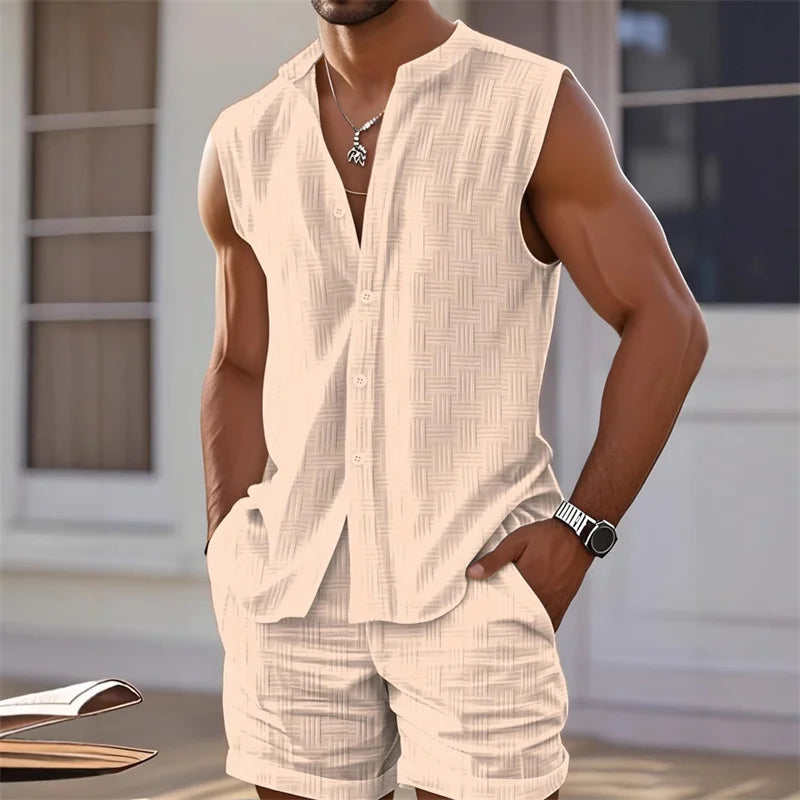 Conjunto Hawaiano Hombre de 2 Piezas | Camisa Chaleco sin Mangas y Pantalones Cortos para Playa