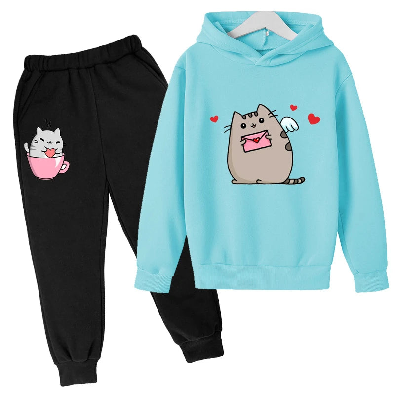 Sudadera con capucha con estampado de gato de Nutella para niños, ropa divertida para niñas y niños, conjuntos de ropa Harajuku Kawaii para niños, Invierno