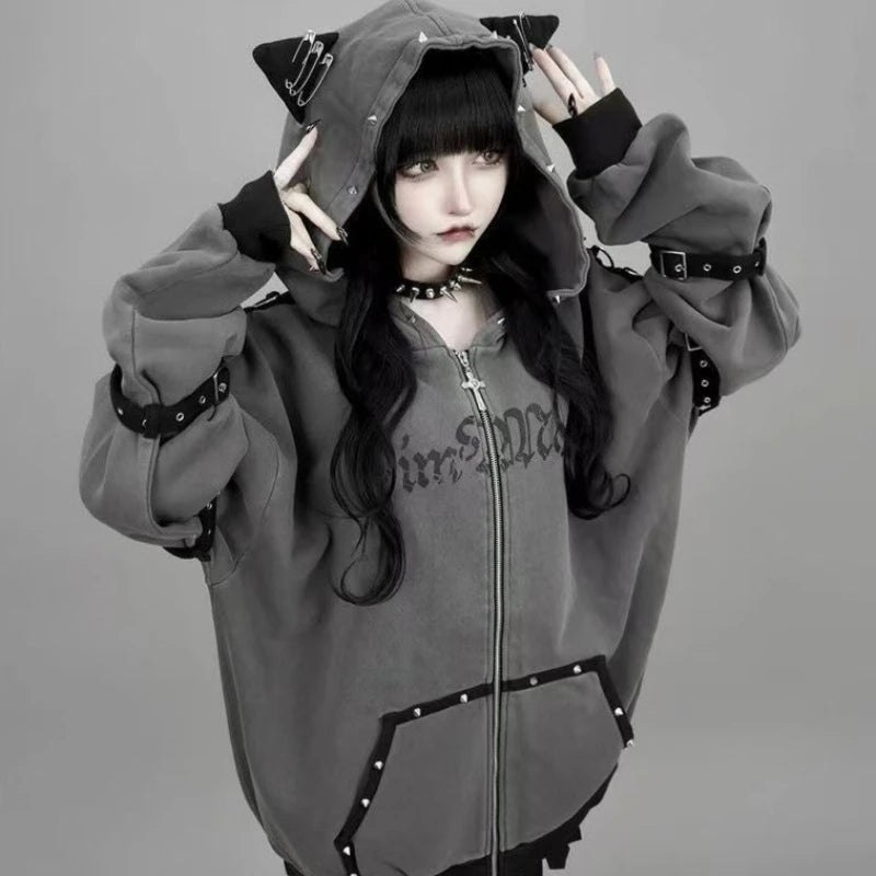 Sudadera Kawaii japonesa de manga larga para mujer, sudaderas informales con subcultura, abrigo con estampado de remaches, ropa elegante de estilo dulce y bonito para mujer