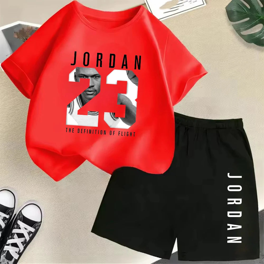 Conjunto de camiseta de manga corta de verano para niños, moda deportiva, pantalones cortos para niños y niñas, conjunto informal de 2 uds con estampado de gráficos de marca, conjunto para chico