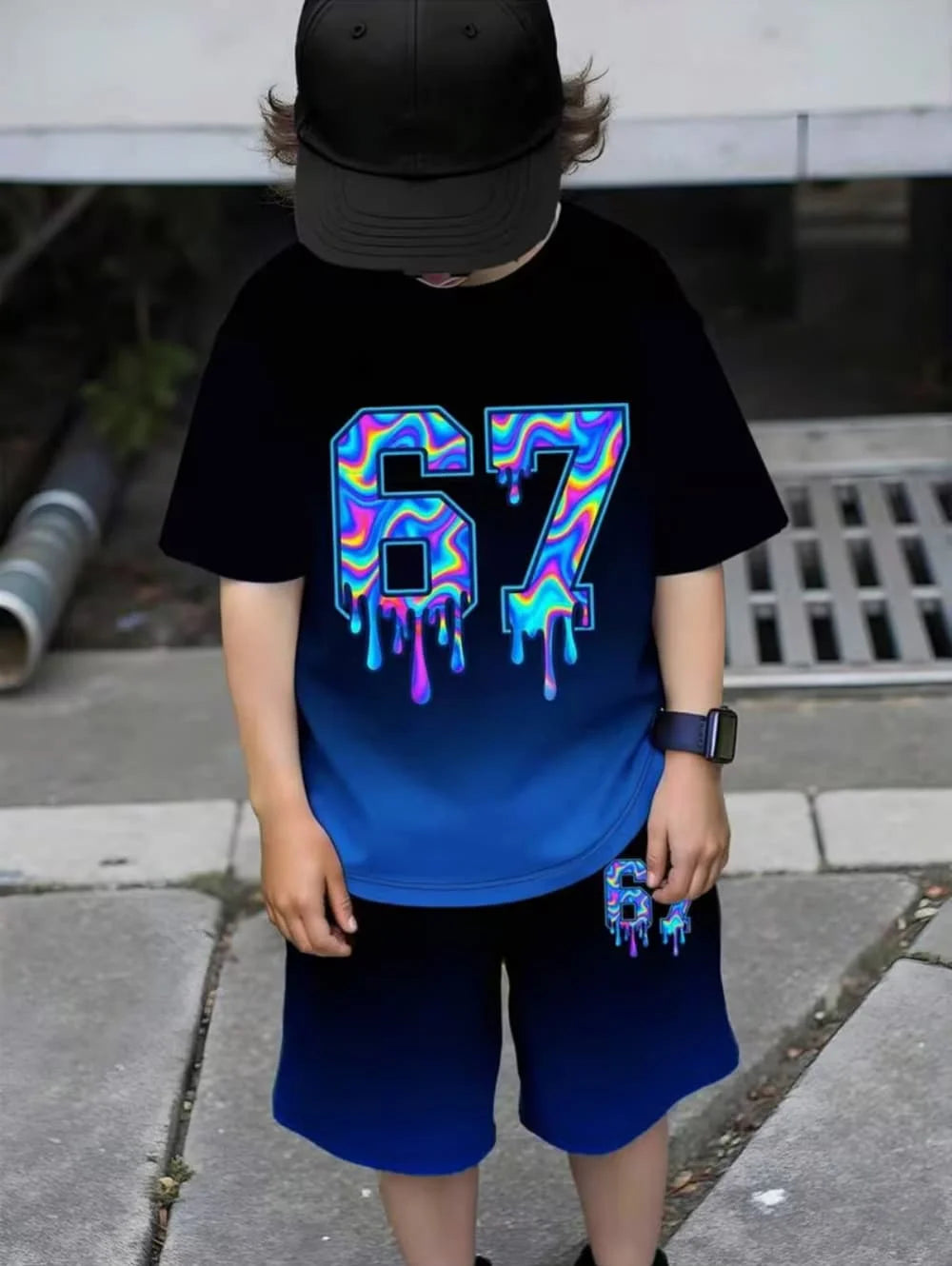 Divertido Conjunto de 2 Piezas para Niños con Estampado de Números Italianos 67, Camiseta de Manga Corta + Pantalones Cortos, Ropa para Niños