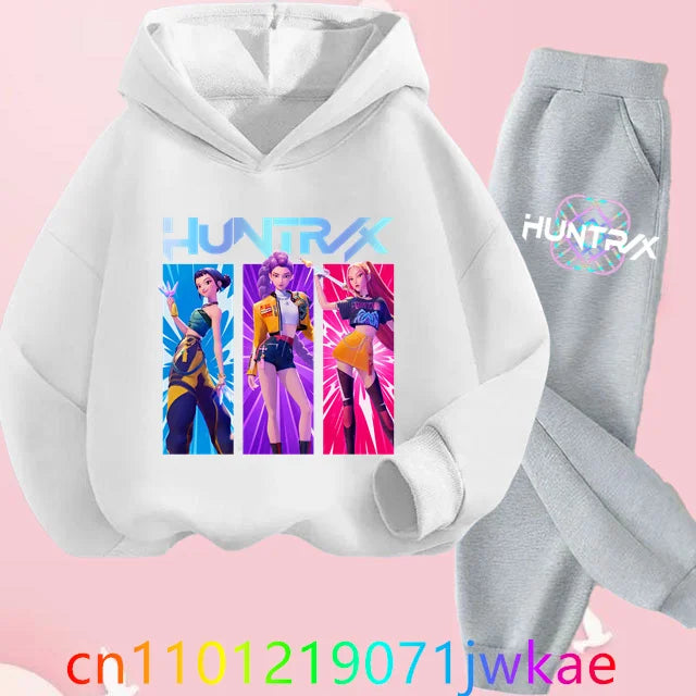 Conjuntos de sudaderas con capucha y pantalones de cazadores de demonios para adolescentes, Sudadera con capucha de película de Anime coreano para niños y niñas, trajes deportivos con capucha de manga larga a la moda