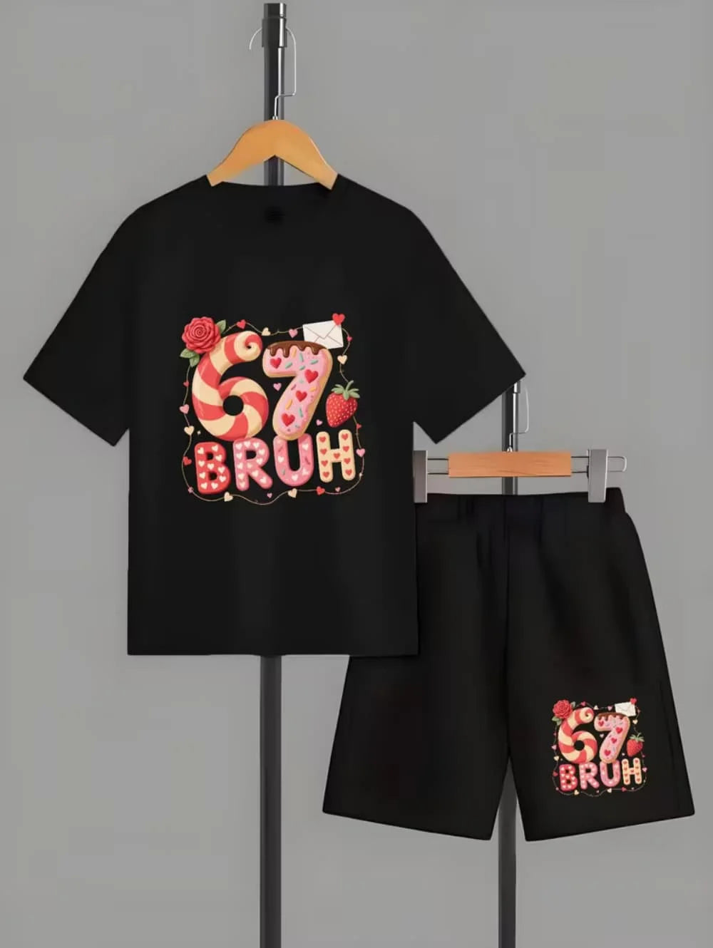 Divertido Conjunto de 2 Piezas para Niños con Estampado de Números Italianos 67, Camiseta de Manga Corta + Pantalones Cortos, Ropa para Niños