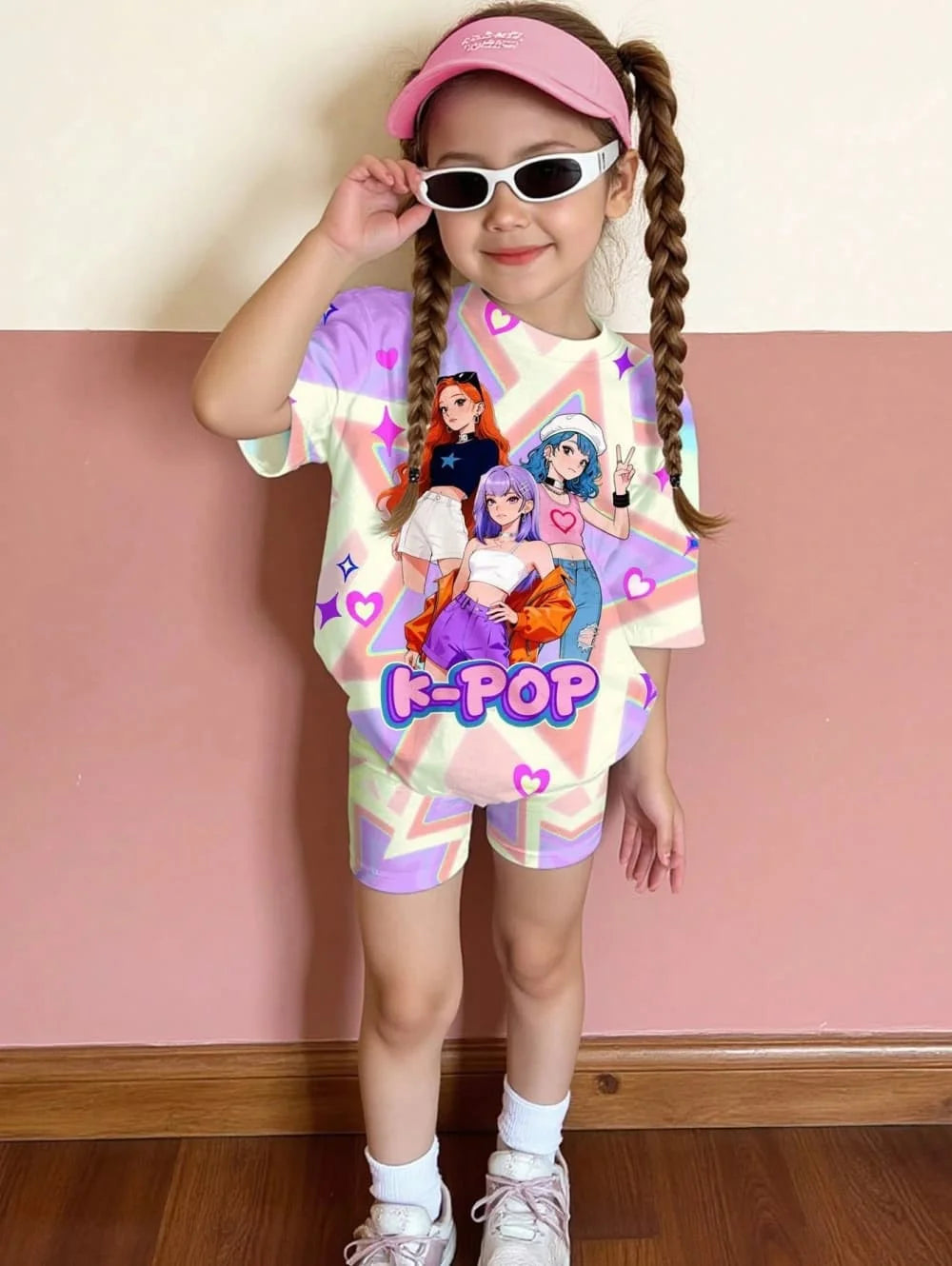 Conjunto de Camiseta y Pantalones con Estampado de Dibujos Animados Kpop, Ropa de Verano para Niñas, Conjunto de Manga Corta, Conjunto de Camiseta y Pantalones Cortos para Niños