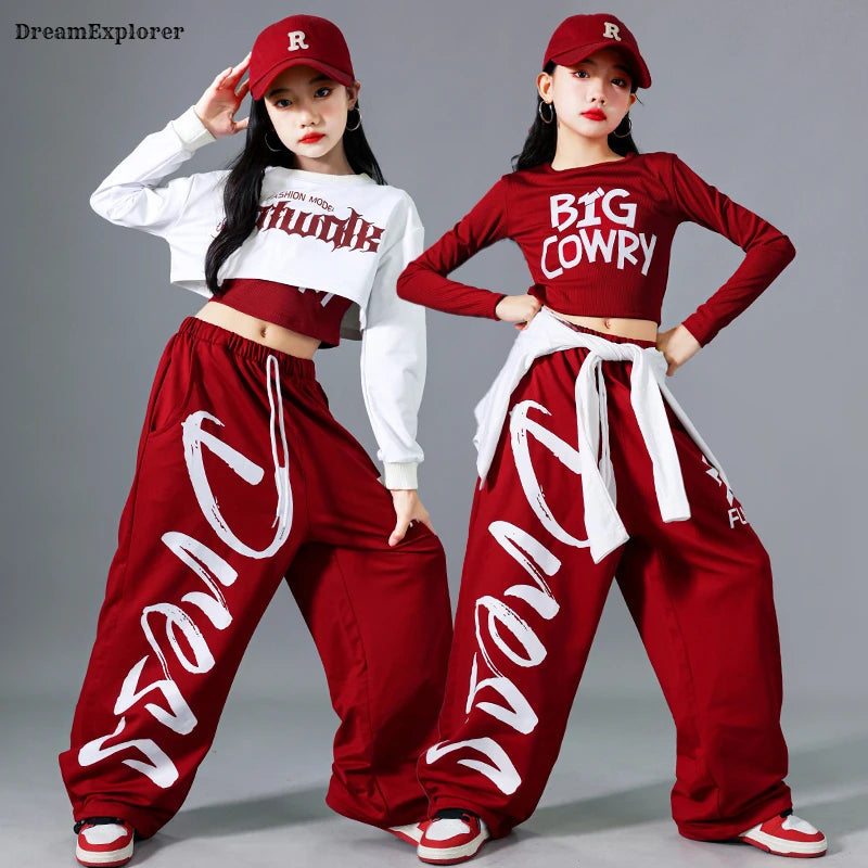 Top corto k-pop para niñas, pantalones deportivos con letras a la moda, conjuntos de ropa de grupo para niñas, ropa informal estilo Hip Hop, disfraces de Jazz para niños