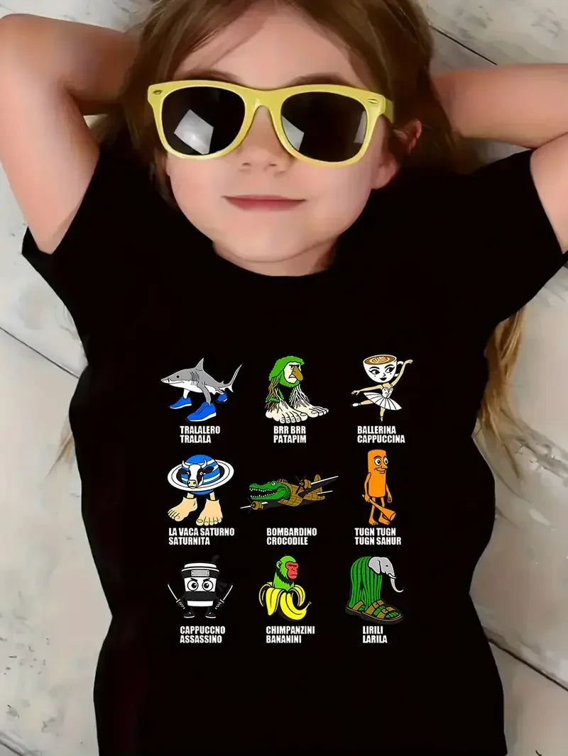 Y2k-Camiseta italiana con animales de Brainrot para niños y niñas, camisetas de manga corta de Tung Tung Sahur, camiseta bonita con meme divertido, ropa de verano