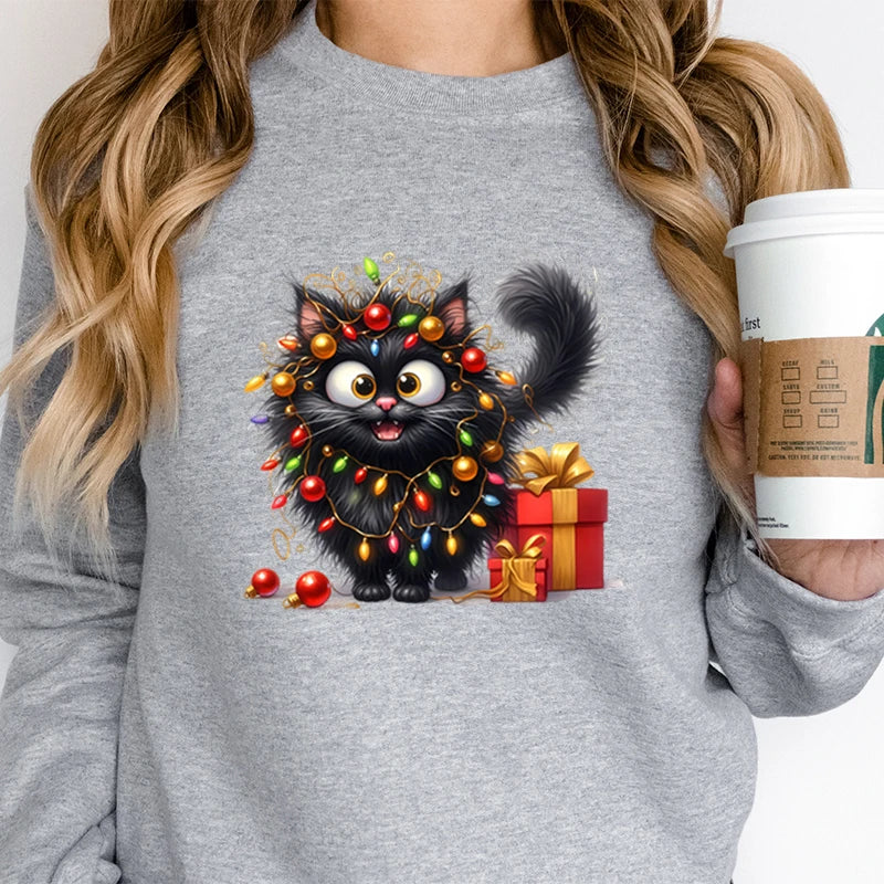 Regalo de amante de los gatos para Navidad, sudaderas para mujer, lindas y esponjosas luces de gatos, sudaderas con capucha de vacaciones, sudaderas navideñas para amantes de los animales