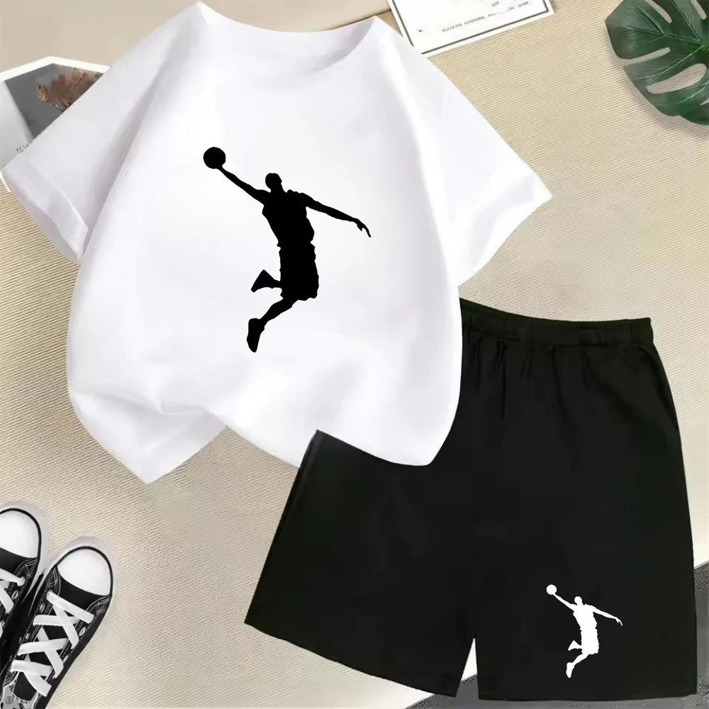 Conjunto de camiseta de manga corta de verano para niños, moda deportiva, pantalones cortos para niños y niñas, conjunto informal de 2 uds con estampado de gráficos de marca, conjunto para chico