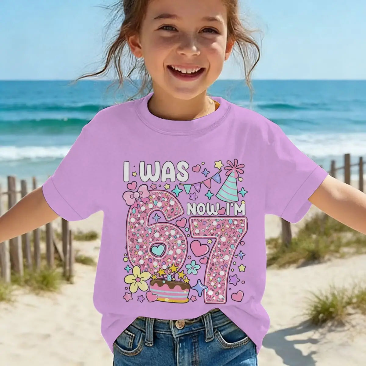 Camiseta para niñas con estampado de números, de algodón, de manga corta y cuello redondo, para el séptimo cumpleaños, con la frase 'I Was 6 Now I'm 7', para niñas de 7 años