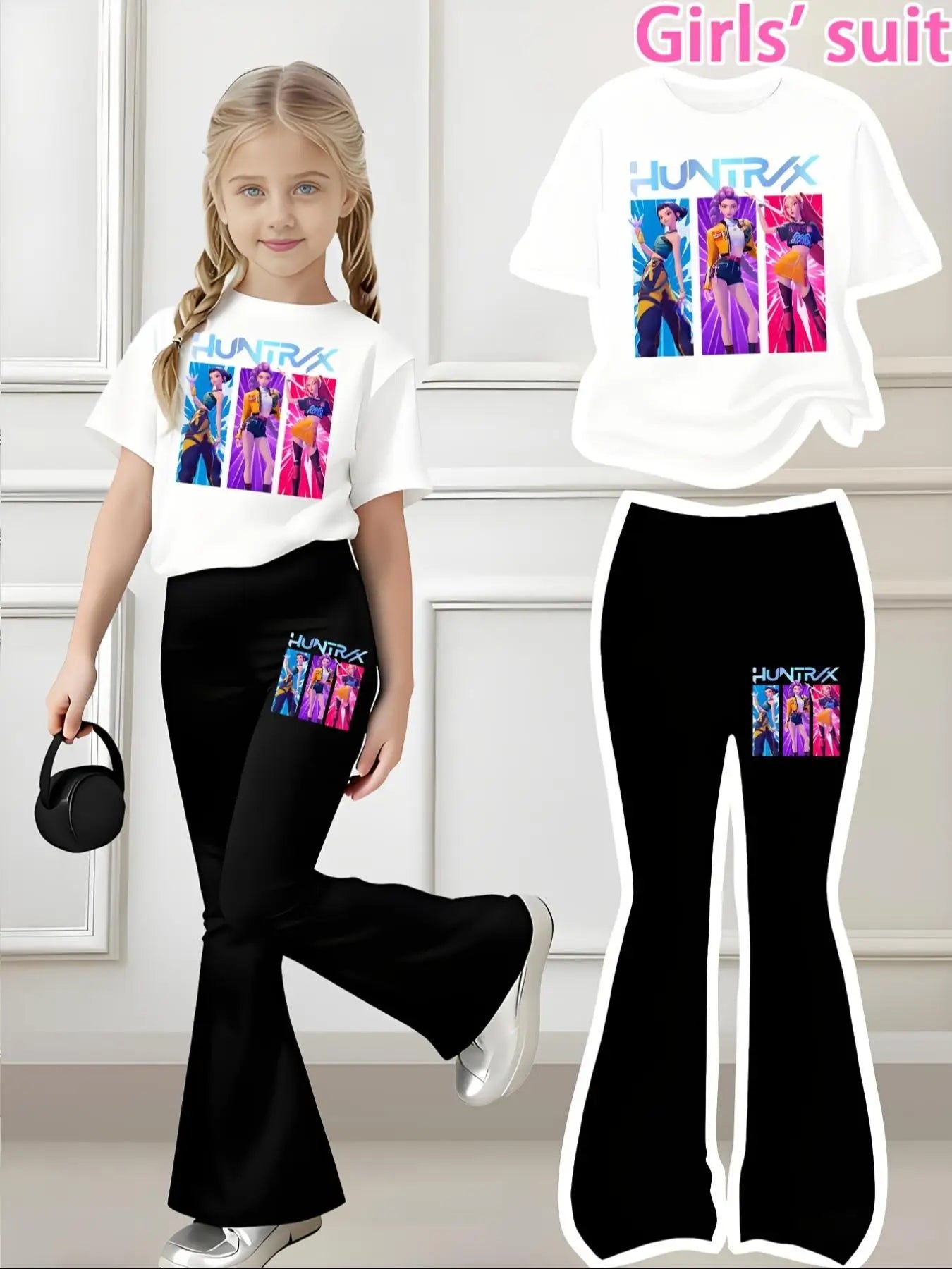 Conjunto de pantalones deportivos informales de manga corta y boca acampanada con estampado de grupo de tres niñas, ropa deportiva de marca de moda para niñas, pantalones cómodos con cintura elástica, cómodos para salir