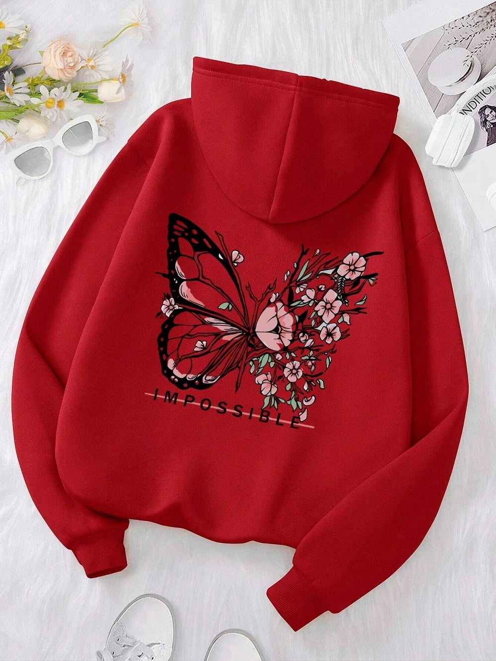 Sudadera con estampado gráfico de letras imposible y mariposa rosa para mujer, sudaderas con capucha informales holgadas y cálidas a la moda, ropa suave de lana