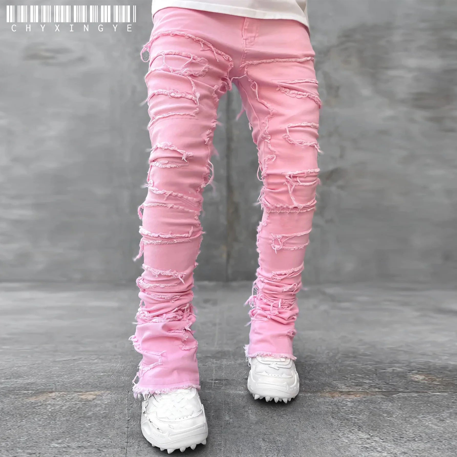 Nuevos pantalones vaqueros de moda para hombre, pantalones de trabajo, ropa de trabajo de moda europea y americana, pantalones acampanados en capas de mezclilla con retales elásticos, S-XXL