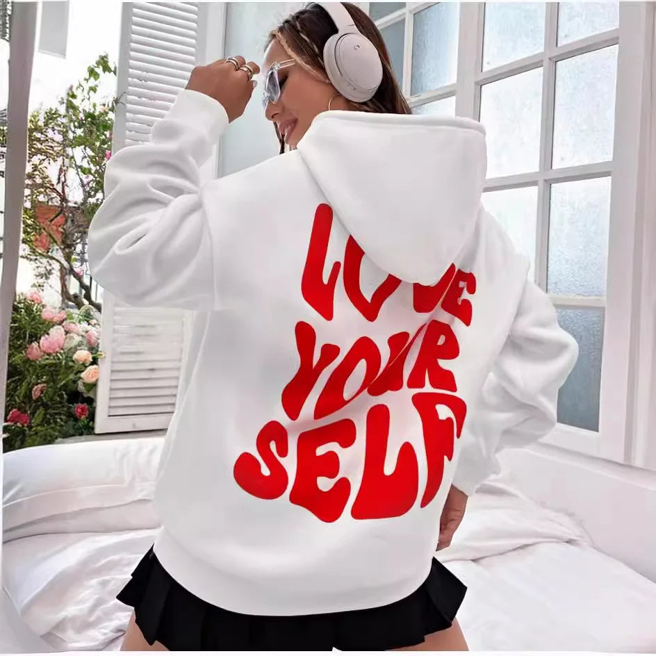 Sudadera con capucha de lana con hombros caídos para mujer con nueva letra trasera estampada
