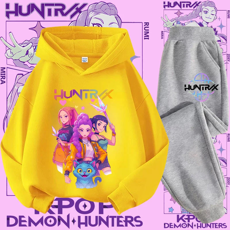 Ropa deportiva para niñas de 2 a 12 años, conjunto de 2 piezas, Top informal bonito, K-pop Demon Hunter, conjunto de camisa con capucha estampada, traje de pantalón, chándal