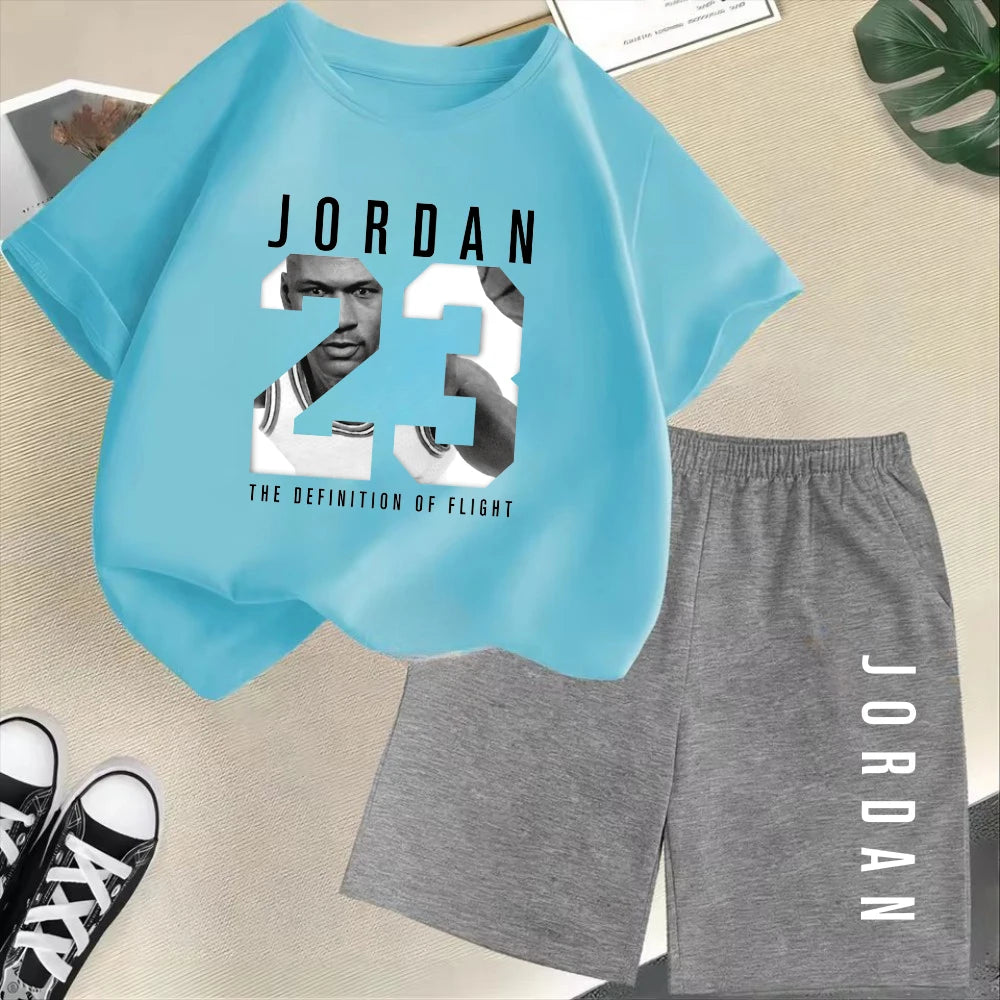 Conjunto de camiseta de manga corta de verano para niños, moda deportiva, pantalones cortos para niños y niñas, conjunto informal de 2 uds con estampado de gráficos de marca, conjunto para chico