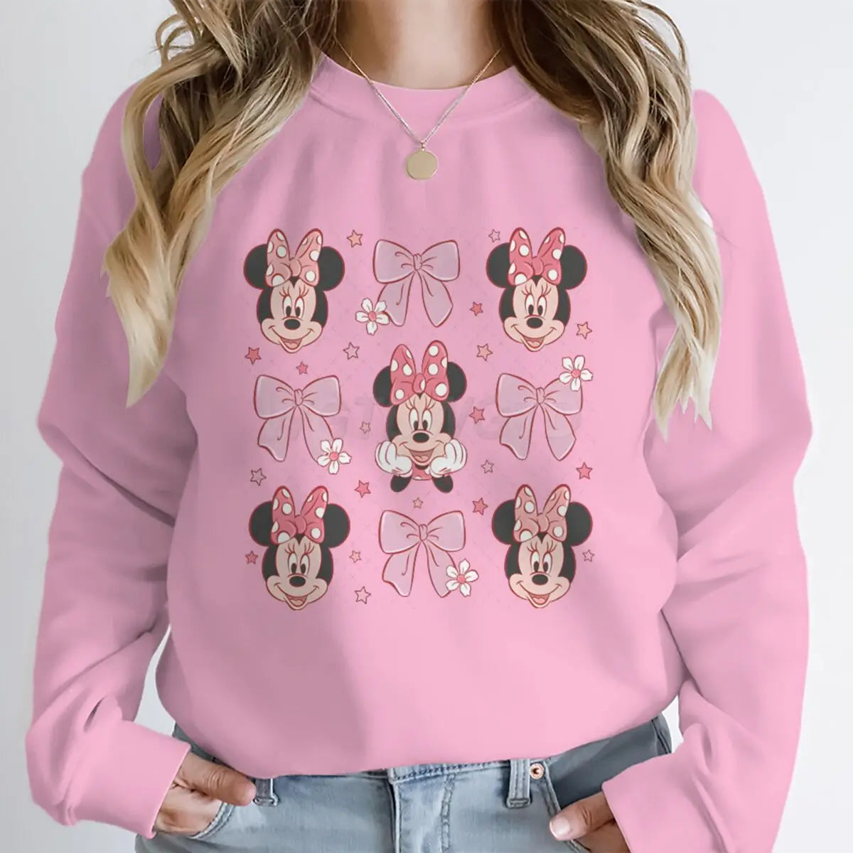 Sudaderas con capucha y lazo de Minnie rosa para mujer, ropa de dibujos animados Kawaii, jerséis de manga larga con cuello redondo de Minnie Mouse