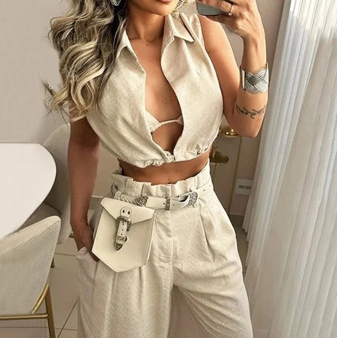 Conjunto de pantalones de 2 piezas para mujer, Top corto sin mangas con cuello en V y solapa lisa + pantalones informales de pierna ancha con bolsillo de cintura alta, ropa de calle