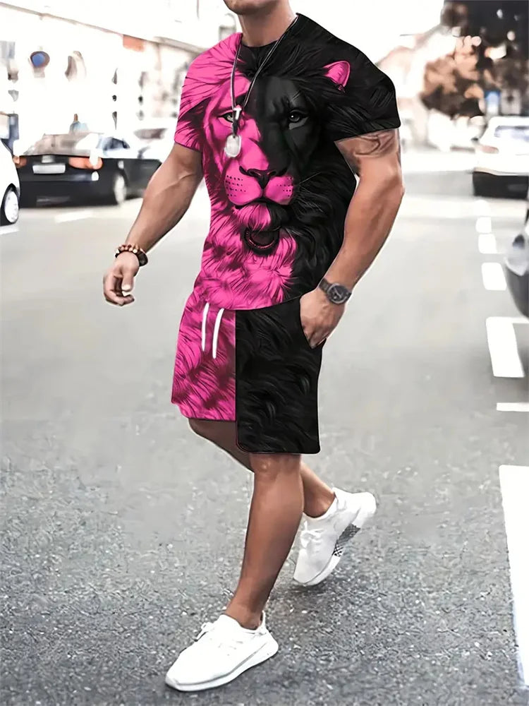 Conjunto Streetwear 3D León Hombre | Camiseta + Pantalón Corto Bicolor