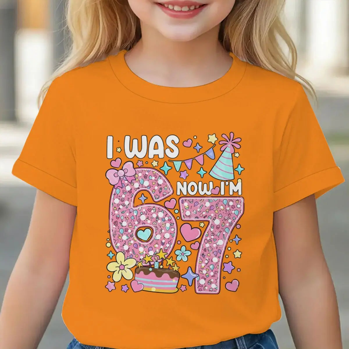 Camiseta para niñas con estampado de números, de algodón, de manga corta y cuello redondo, para el séptimo cumpleaños, con la frase 'I Was 6 Now I'm 7', para niñas de 7 años
