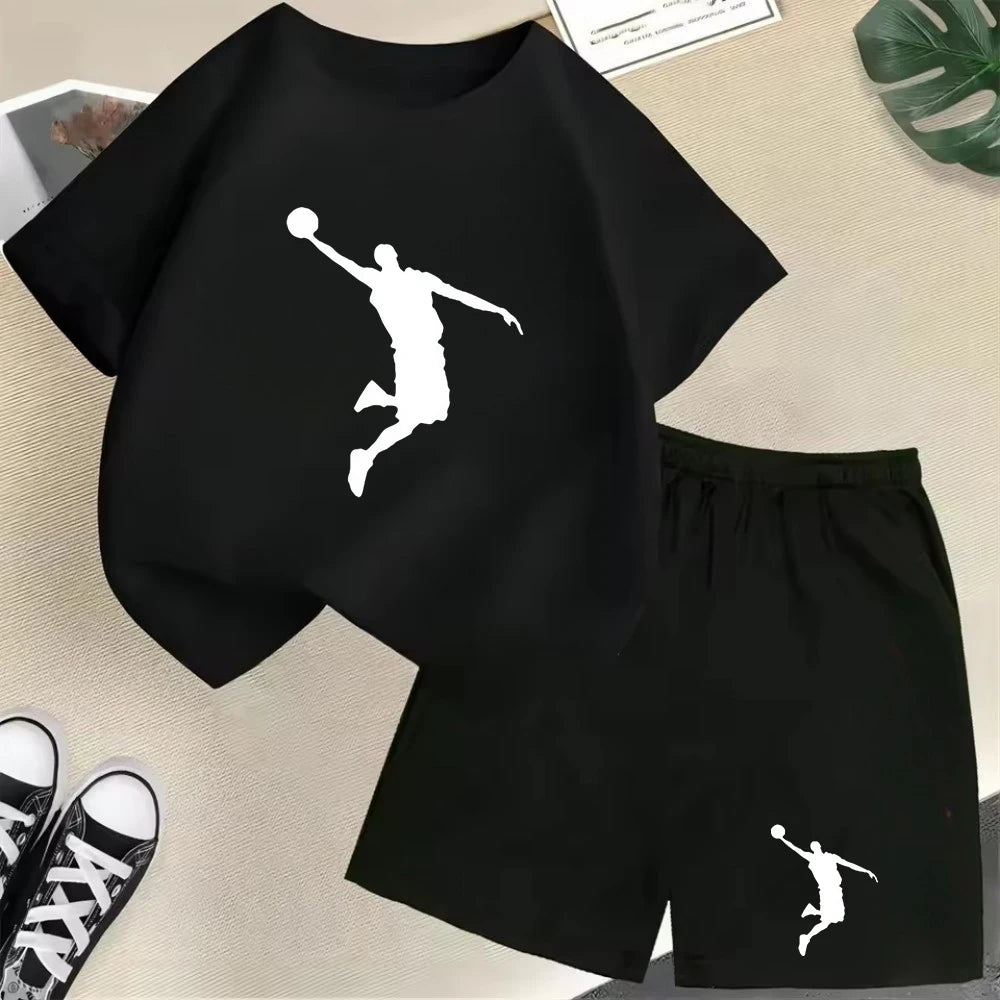 Conjunto de camiseta de manga corta de verano para niños, moda deportiva, pantalones cortos para niños y niñas, conjunto informal de 2 uds con estampado de gráficos de marca, conjunto para chico