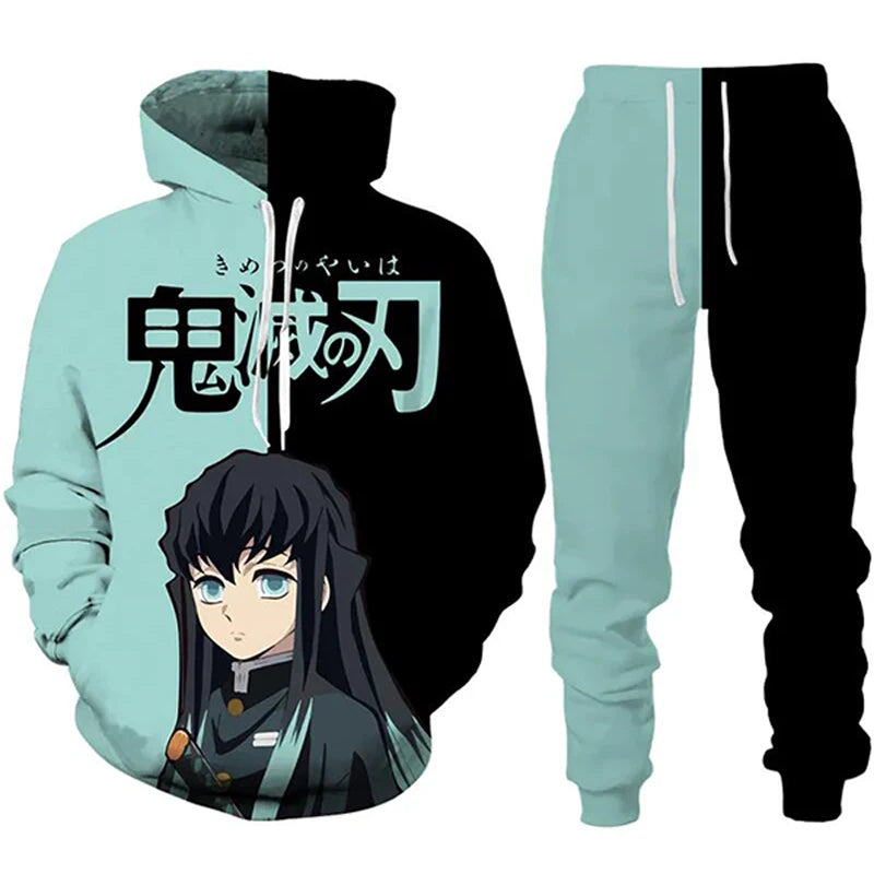 Sudaderas con capucha de Anime Demon Slayer, pantalones de Cosplay con estampado 3D + Sudadera con capucha, conjunto de 2 uds, chándal para hombre, ropa de calle Vintage de gran tamaño, conjuntos de pantalones con capucha