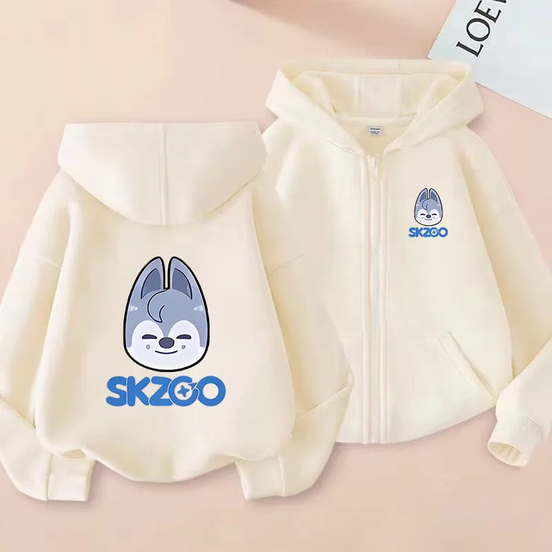 Skzoo-ropa fina de manga larga con cremallera para niñas, chaqueta con capucha de Anime, otoño y primavera, estampado de dibujos animados, ropa de calle con cremallera y bolsillo