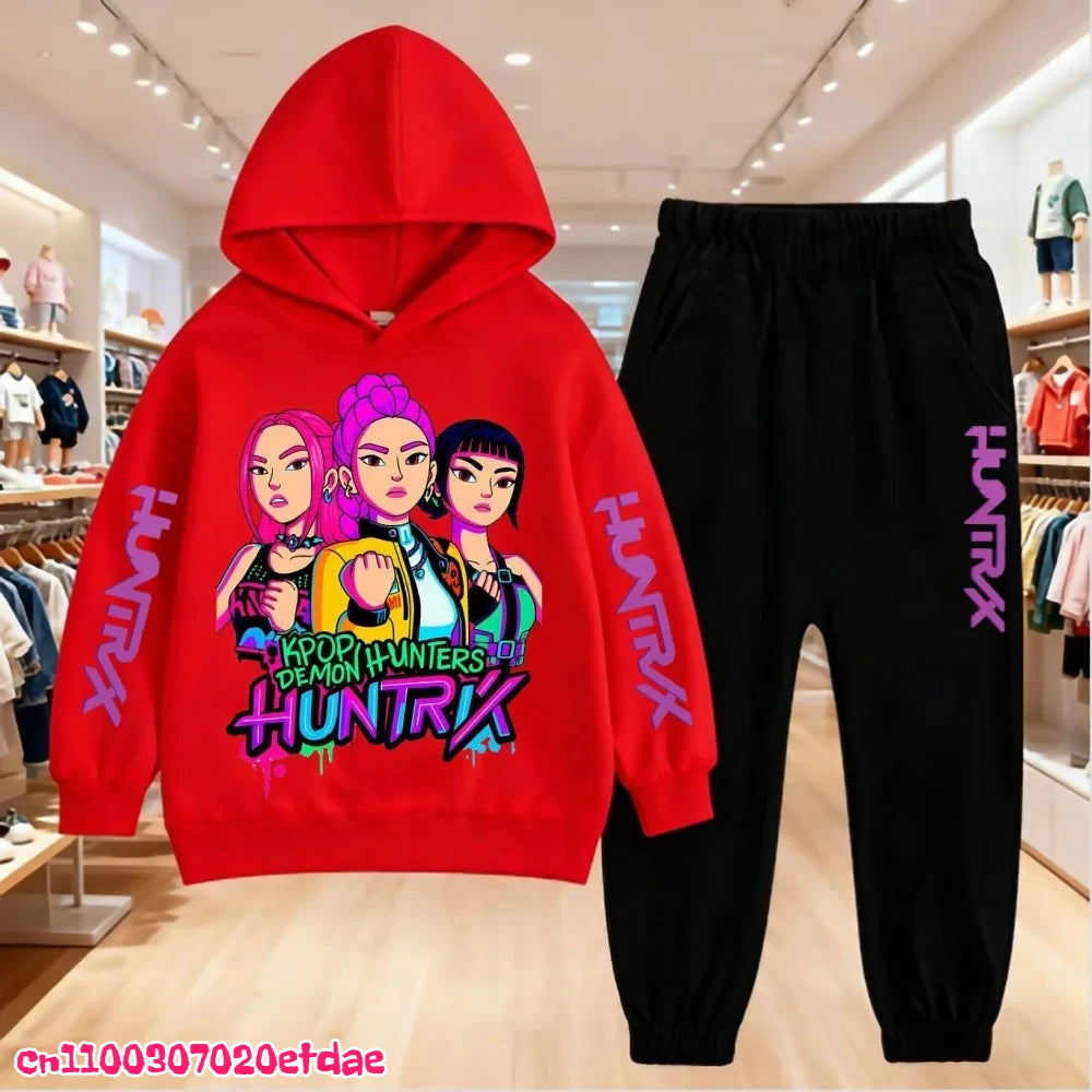 Otoño Invierno Sudadera con capucha para niños KPop Demon Hunters ropa de ocio prendas de vestir exteriores sudadera + Pantalones conjunto 3-12 años niños niñas regalo