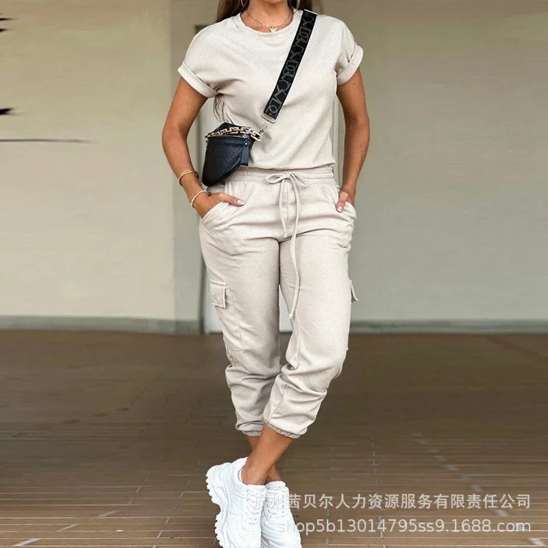 Conjunto de Ropa para Mujer, Color Sólido, Cuello Redondo, Camiseta de Manga Corta, Pantalones Cargo con Múltiples Bolsillos