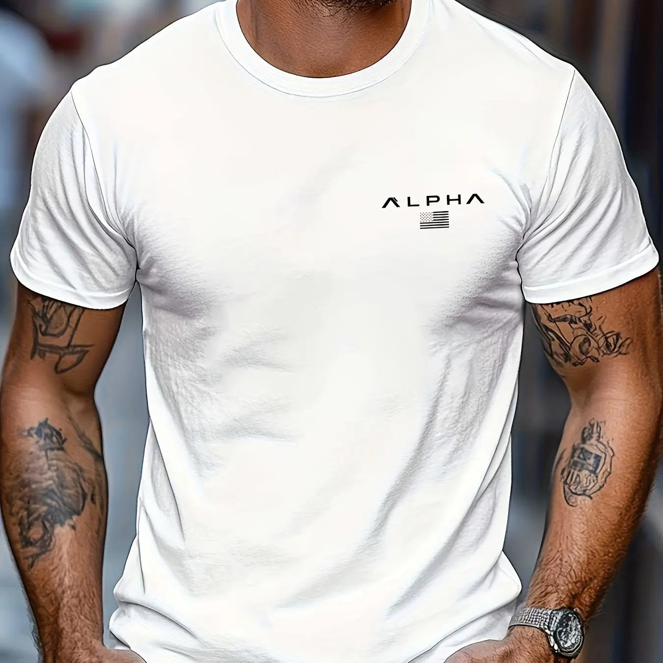 Camiseta de manga corta con cuello redondo y estampado de patrón ALPHA para hombre, 100% de algodón, informal, a la moda, deportiva, holgada, de verano