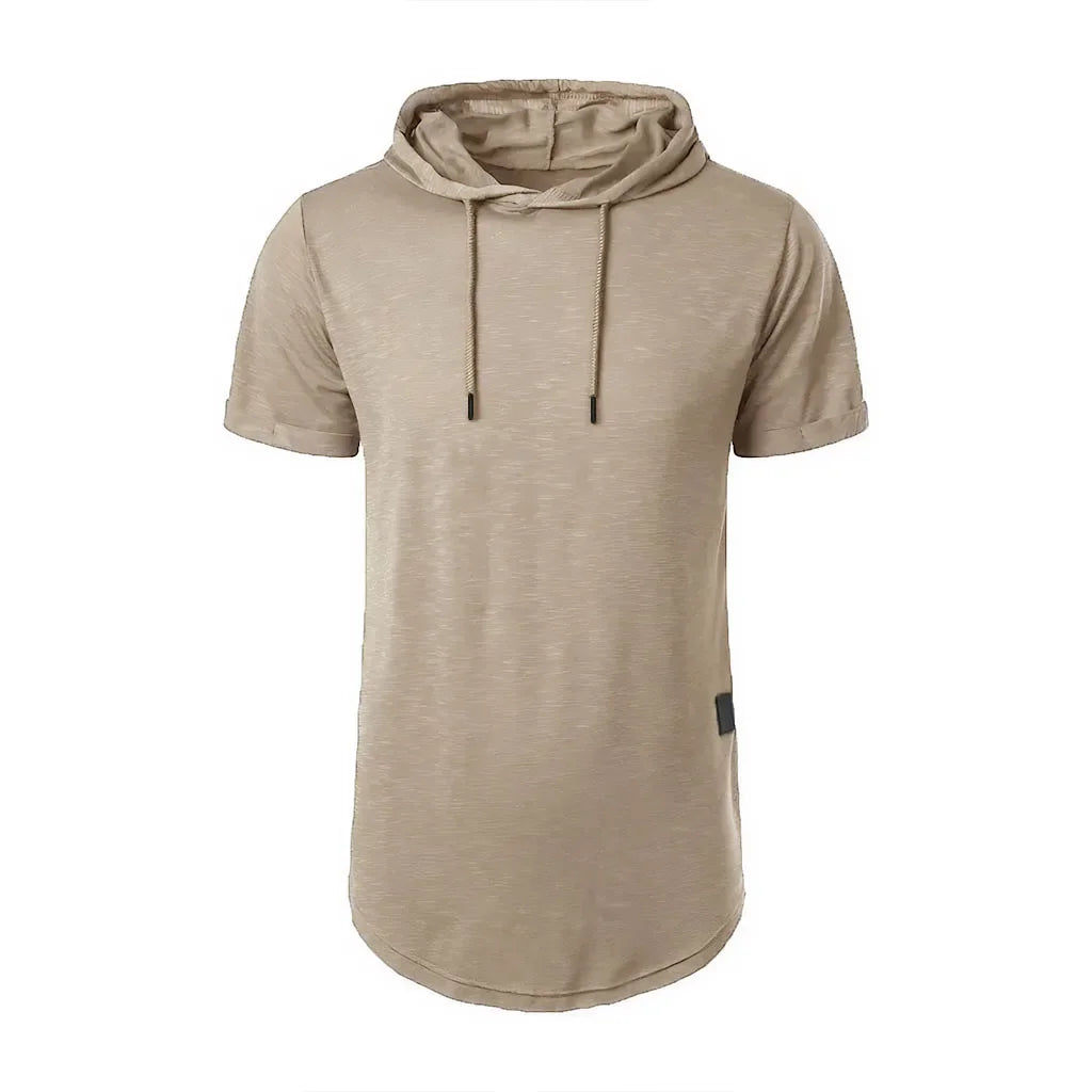 Camiseta de algodón para hombre, camisetas deportivas transpirables ajustadas de Color sólido con capucha de manga corta, camisetas informales ligeras para Fitness para hombre